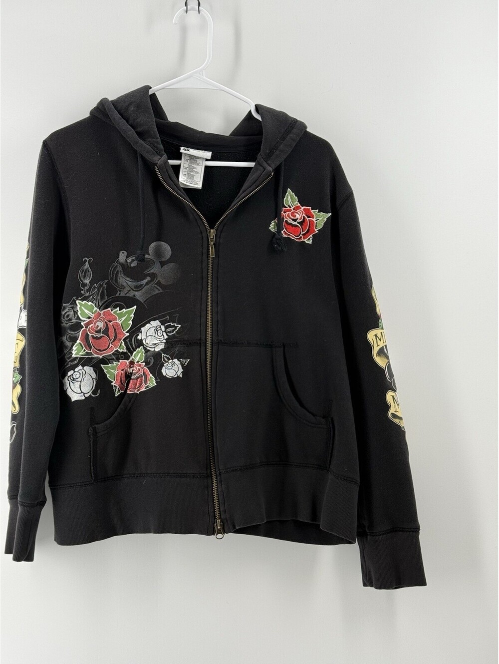 Disneyland Mickey Mouse Rose Tattoo Black Two-Way Zip Up Hoodie Size XL